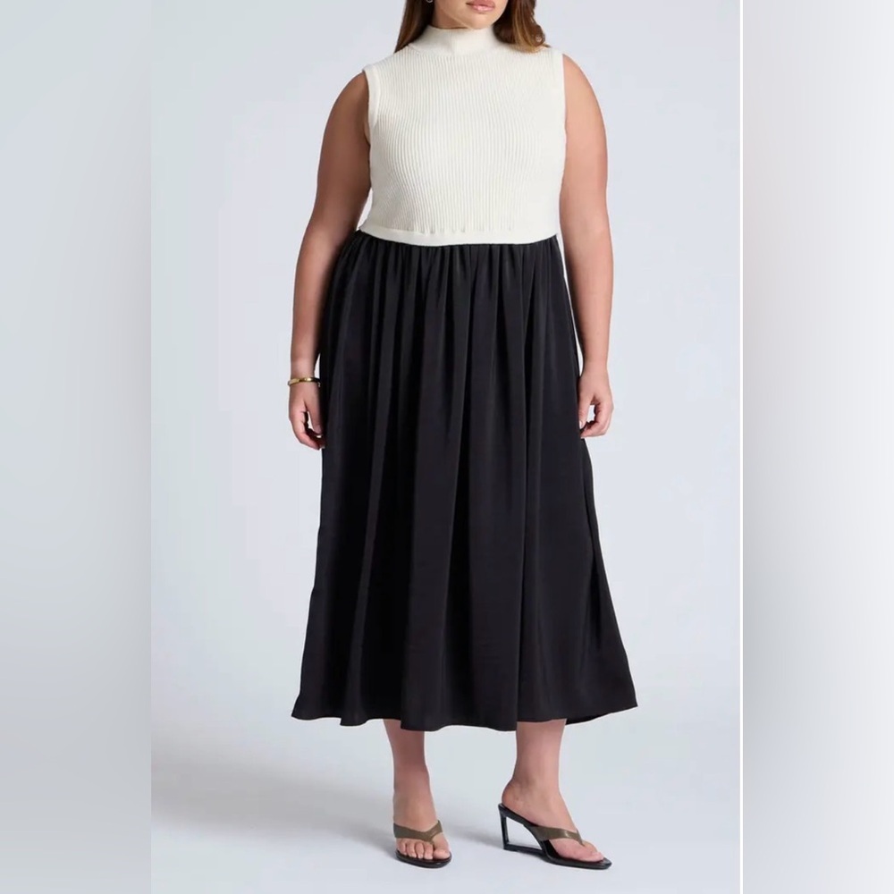 Eloquii Mixed Media Twofer Midi Dress Plus Sz 14/16 Sleeveless Ribbed Elegant